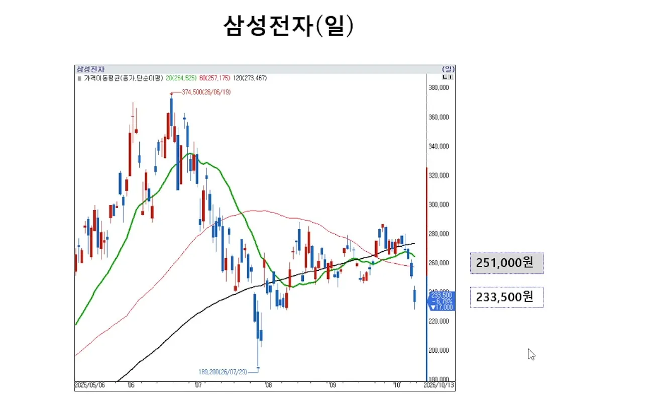 삼성전자 일봉 차트, 251,000원에서 233,500원으로
